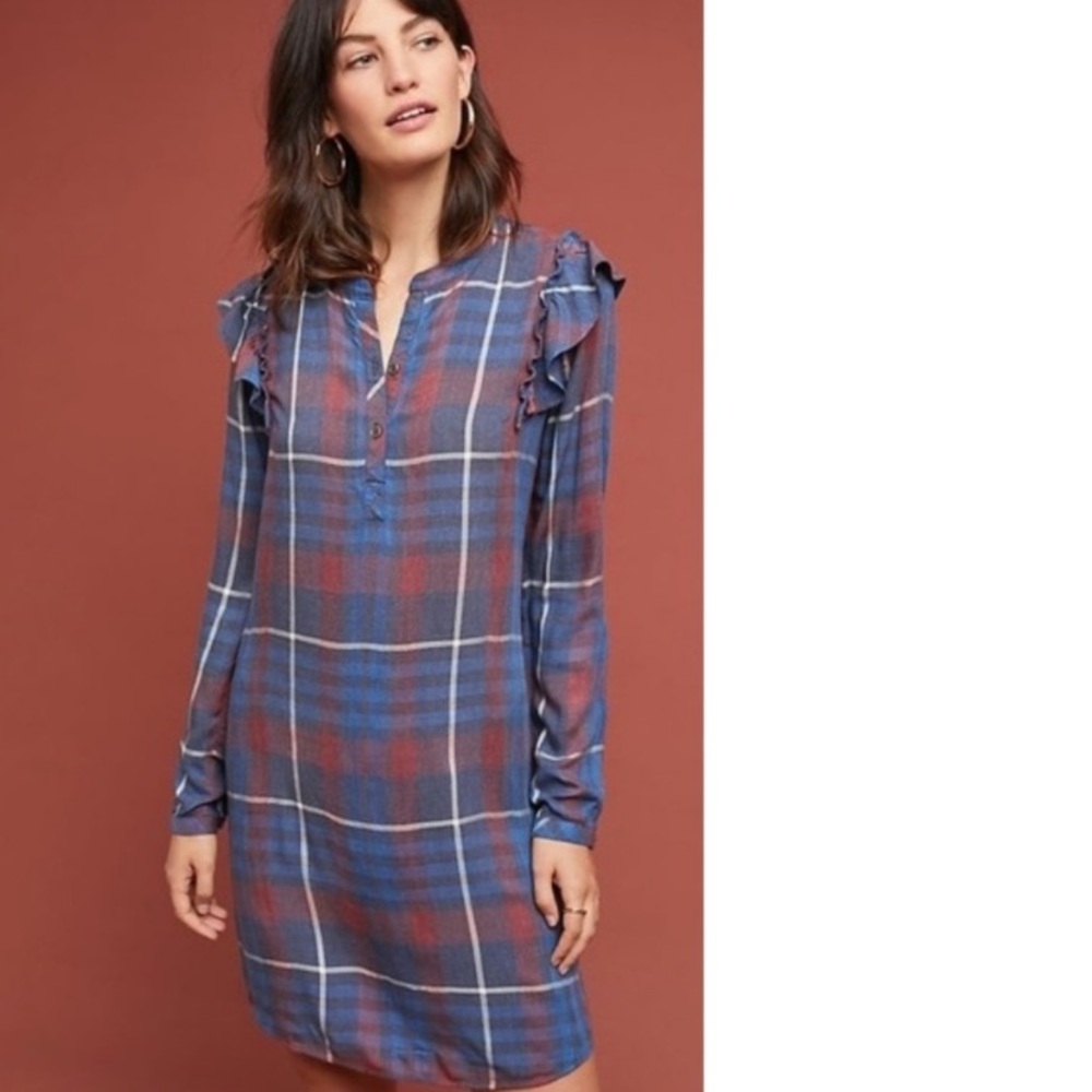 Cloth & Stone for Anthropologie Plaid Ruffled Dress Blue Red Boho Sz XS - Picture 2 of 11